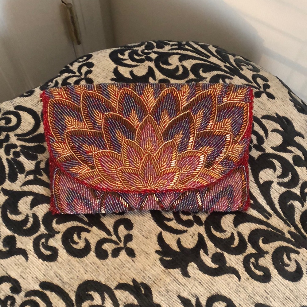 Vibrant Rare Red and Blue Hand Beaded Evening Bag
